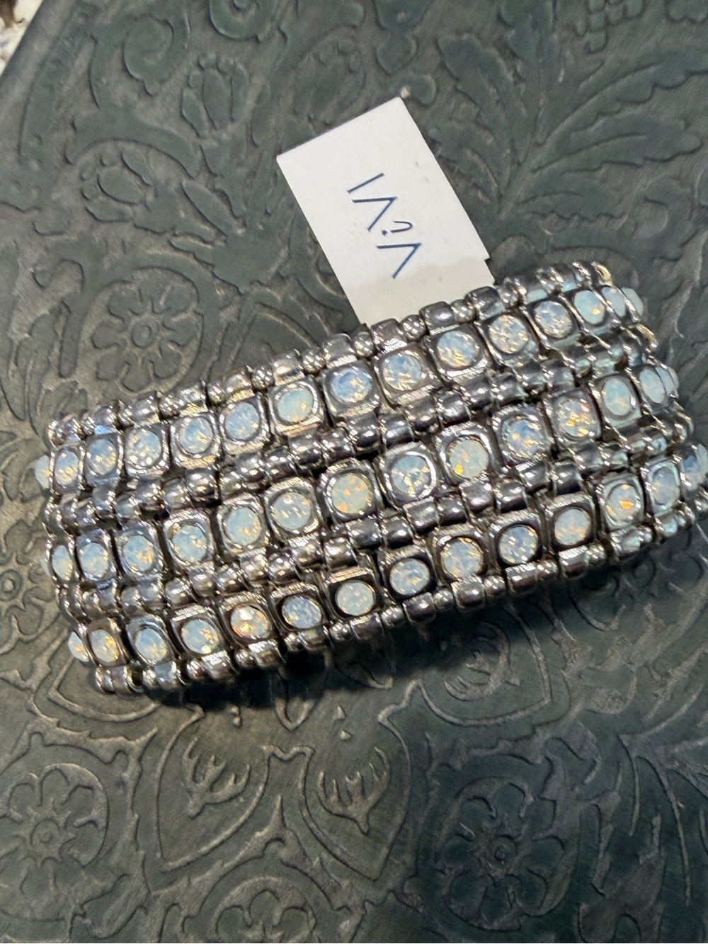 ViVI Silver-Tone Multi-Row Opalescent Crystal Stretch Bracelet